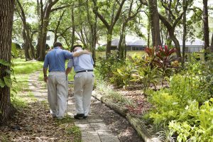 View from behind of an adult son walking with his senior father in the park.